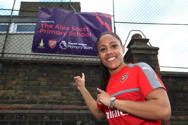 Arsenal and England's Alex Scott during a visit to Princess May Primary School in Hackney for the Premier League Primary Stars (pic Harry Hubbard/Getty Images)